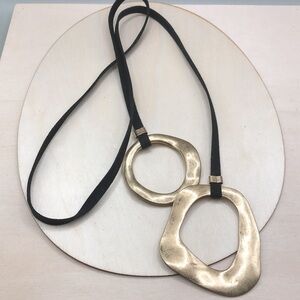 Suede tie brass modernist geometric shapes necklace, boho statement.